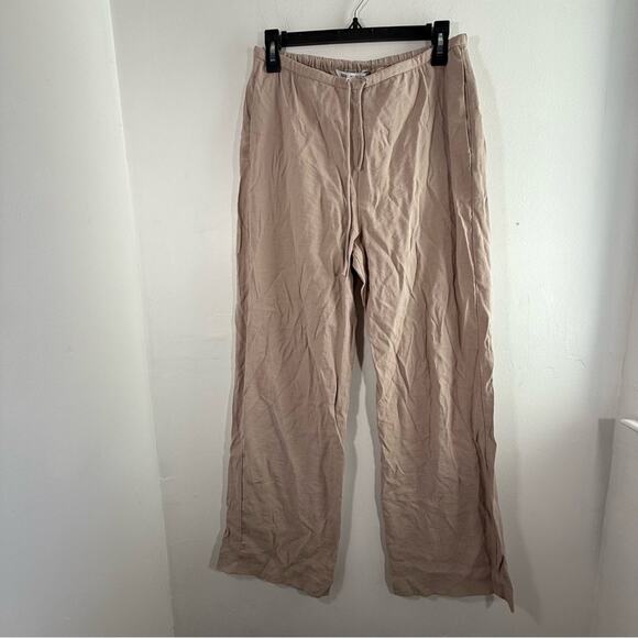 Zara Women's Beige Pajama Style Wide-Leg Drawstring Waist Pants Small - Picture 2 of 9
